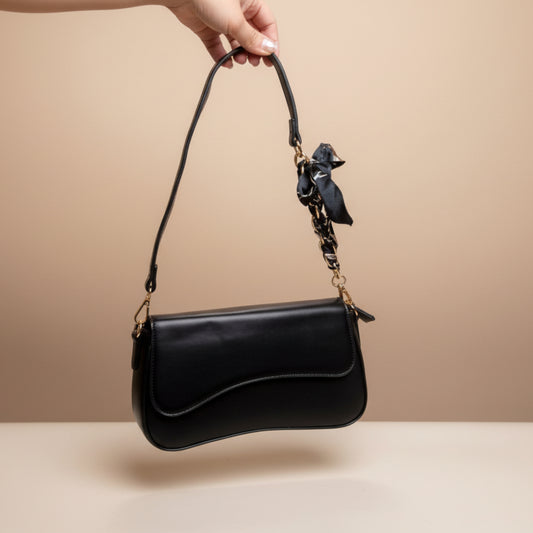 BORSA DONNA NERA RIGIDA CON DOPPIA TRACOLLA E FOULARD-ECOPELLE MODA