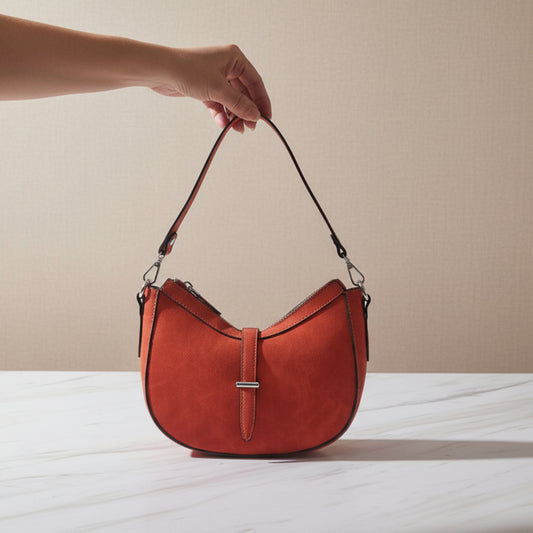 BORSA A MEZZALUNA SCAMOSCIATA ARANCIONE CON DOPPIA TRACOLLA REMOVIBILE