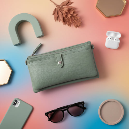 PORTAFOGLIO MINI BORSA DONNA MULTITASCHE VERDE O ROSA CON TRACOLLA REMOVIBILE