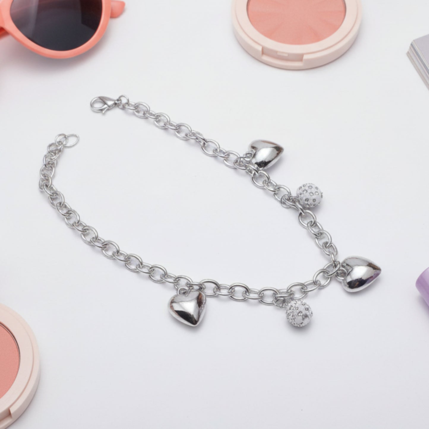 COLLANA ACCIAIO CON CHARM ACUORE E SFERE CON BRILLANTINI-DI TENDEZA