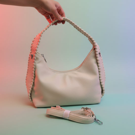 BORSA DONNA DI TENDENZA CON TRACOLLA LAVORATA-COLORI; OCRA; PANNA E CUOIO