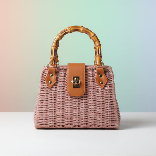 BORSA MINI IN RAFIA CON CHIUSURA A ROTAZIONE - TRACOLLA REMOVIBILE BLU, ROSA, VERDE