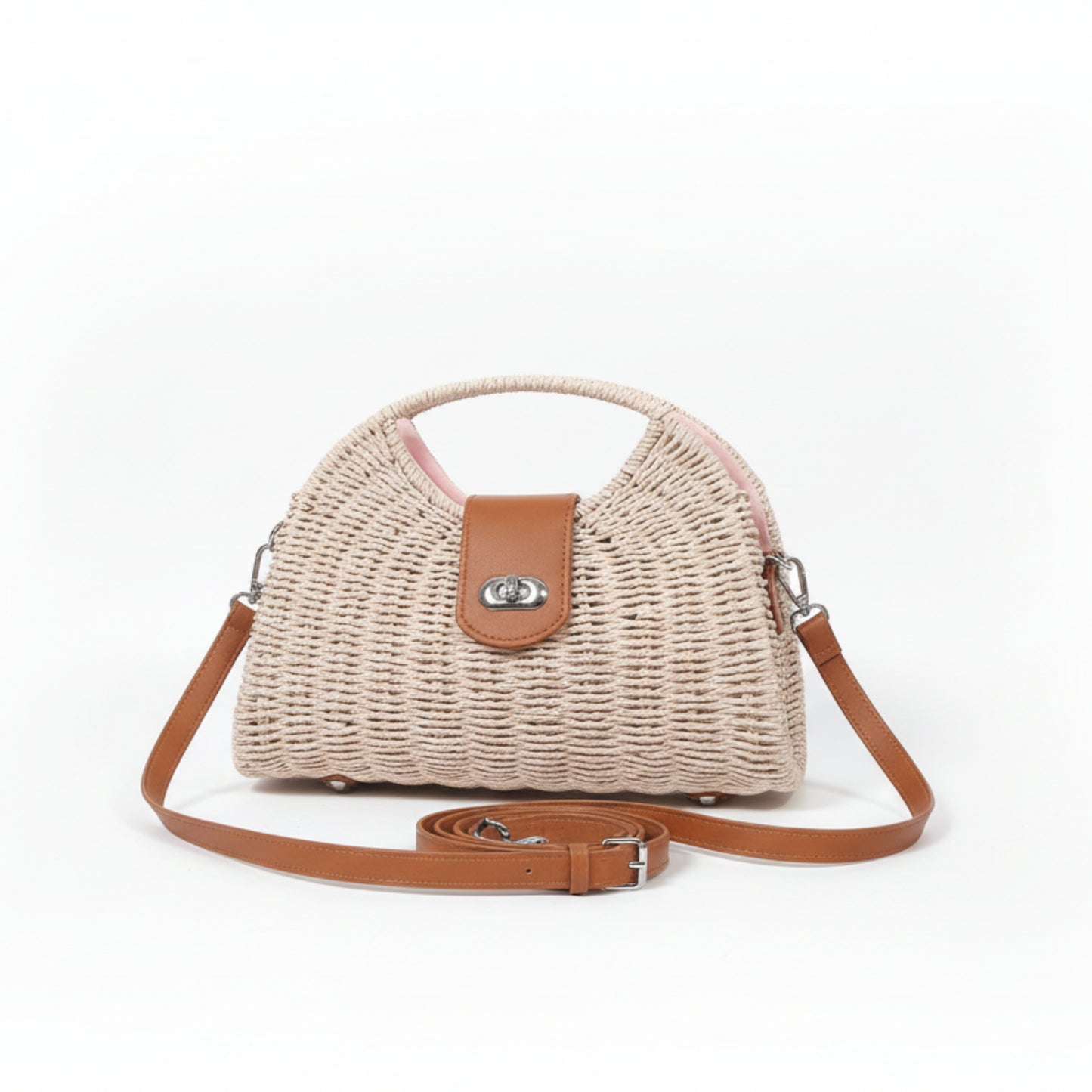 BORSA IN RAFIA A MANO E TRACOLLA REMOVIBILE - DESIGN TRENDY - BEIGE, ROSA ,CAPPUCCINO