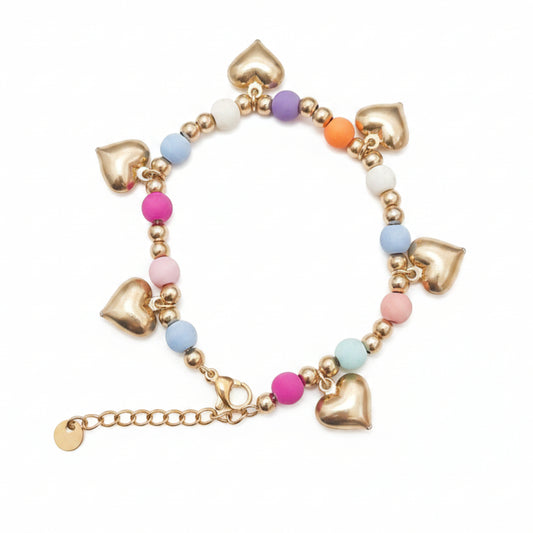 BRACCIALE IN ACCIAIO GOLD ESTIVO CON PERLINE COLORATE E CUORI