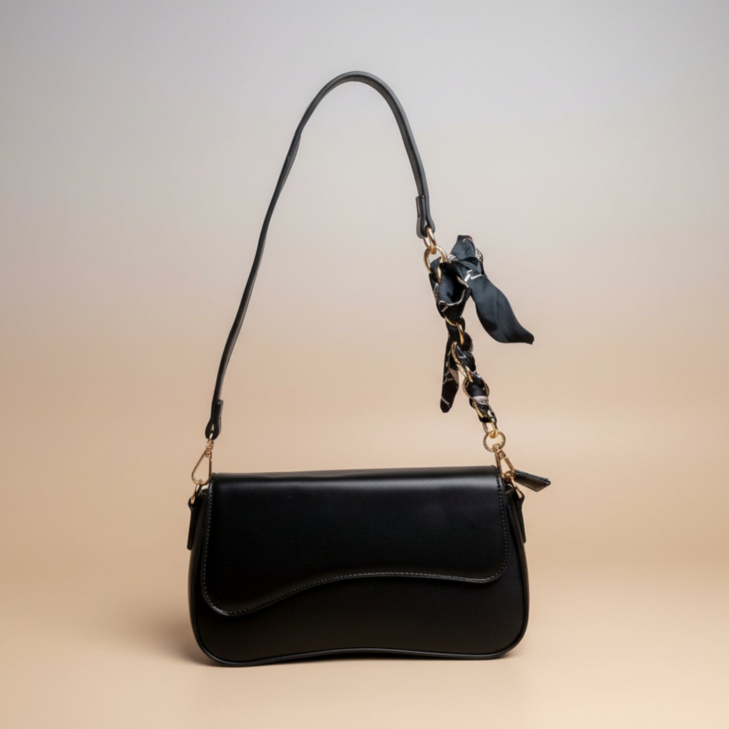 BORSA DONNA NERA RIGIDA CON DOPPIA TRACOLLA E FOULARD-ECOPELLE MODA