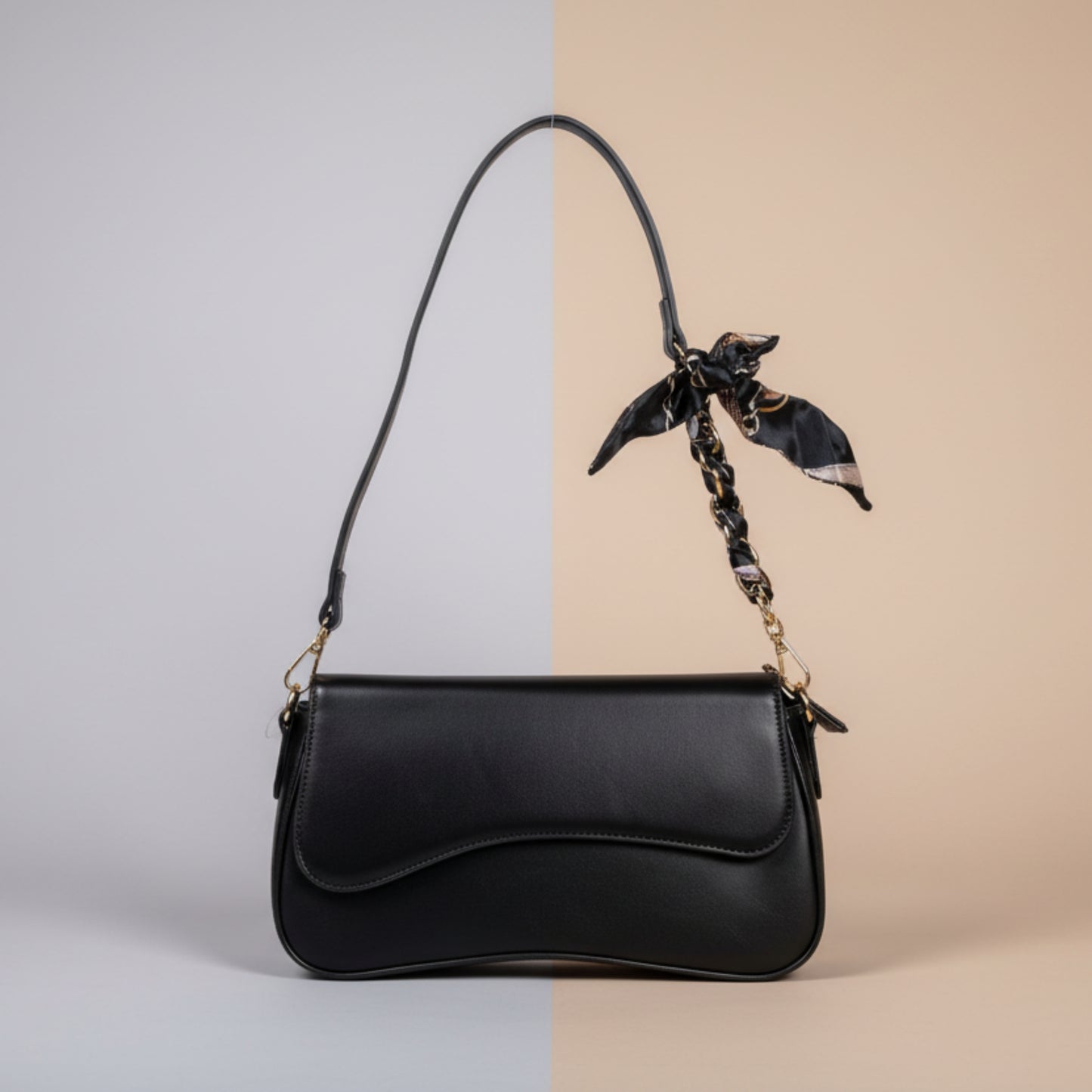 BORSA DONNA NERA RIGIDA CON DOPPIA TRACOLLA E FOULARD-ECOPELLE MODA