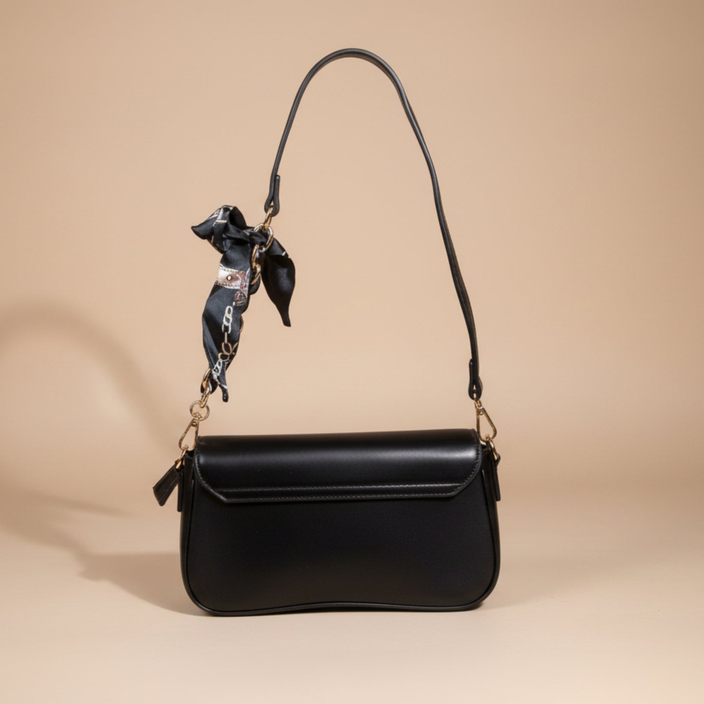 BORSA DONNA NERA RIGIDA CON DOPPIA TRACOLLA E FOULARD-ECOPELLE MODA