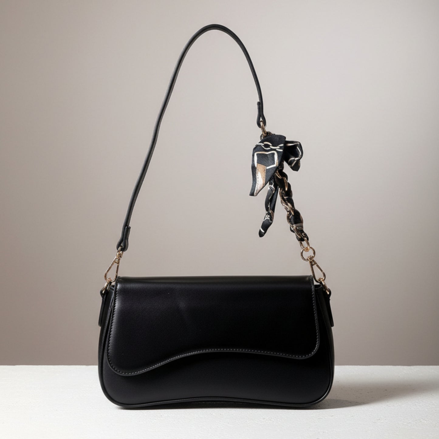 BORSA DONNA NERA RIGIDA CON DOPPIA TRACOLLA E FOULARD-ECOPELLE MODA