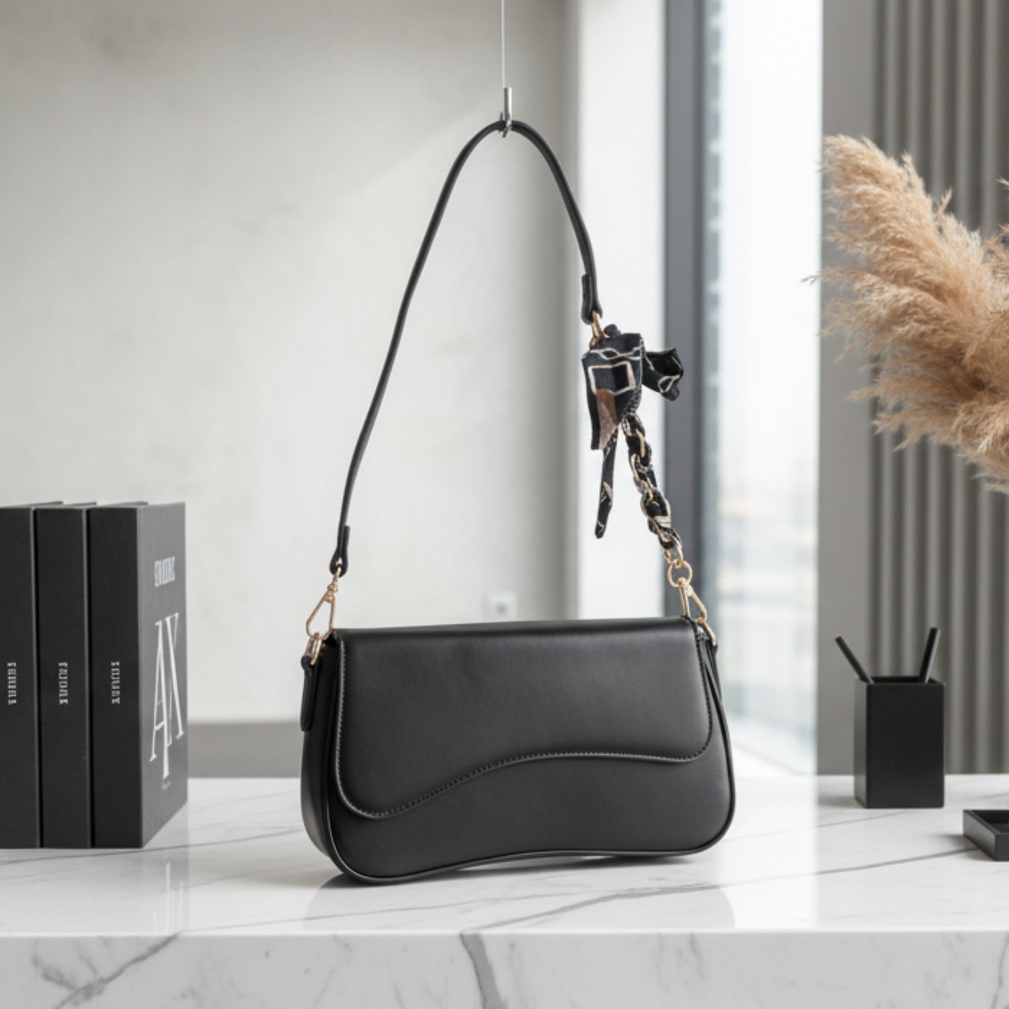 BORSA DONNA NERA RIGIDA CON DOPPIA TRACOLLA E FOULARD-ECOPELLE MODA