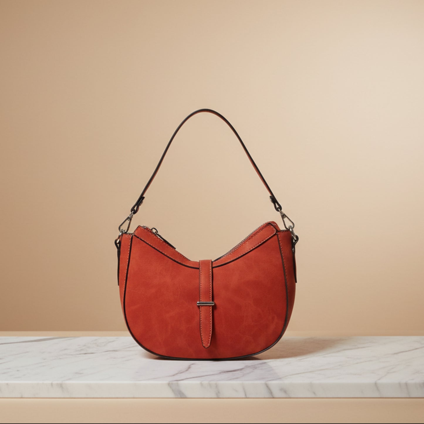 BORSA A MEZZALUNA SCAMOSCIATA ARANCIONE CON DOPPIA TRACOLLA REMOVIBILE