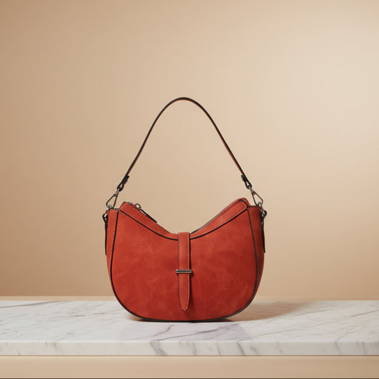 BORSA A MEZZALUNA SCAMOSCIATA ARANCIONE CON DOPPIA TRACOLLA REMOVIBILE