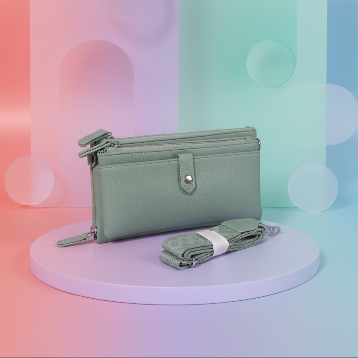 PORTAFOGLIO MINI BORSA DONNA MULTITASCHE  VERDE O ROSA CON TRACOLLA REMOVIBILE