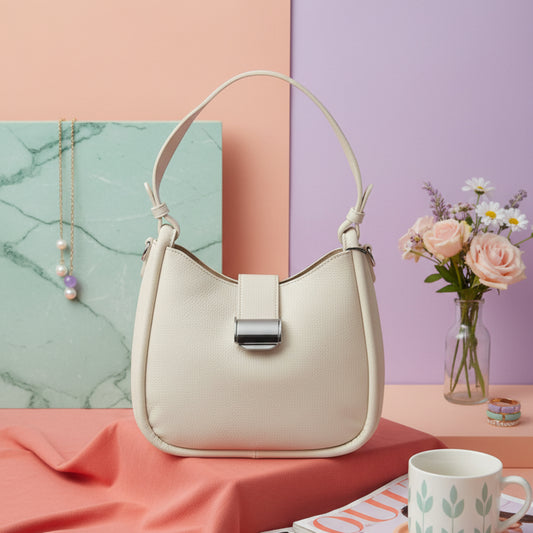 BORSA A SPALLA DONNA CON TRACOLLA REMOVIBILE-PANNA, POCHETTE INTERNA CON ZIP