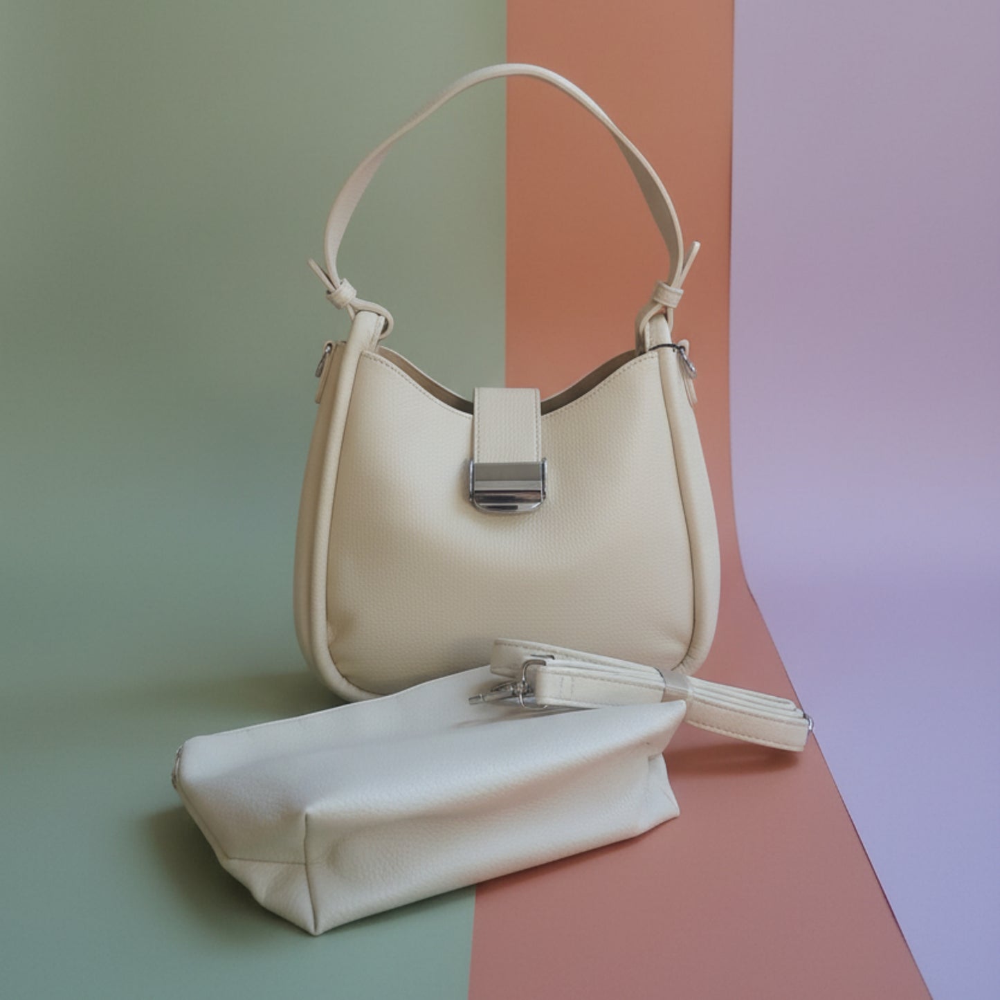 BORSA A SPALLA DONNA CON TRACOLLA REMOVIBILE-PANNA, POCHETTE INTERNA CON ZIP