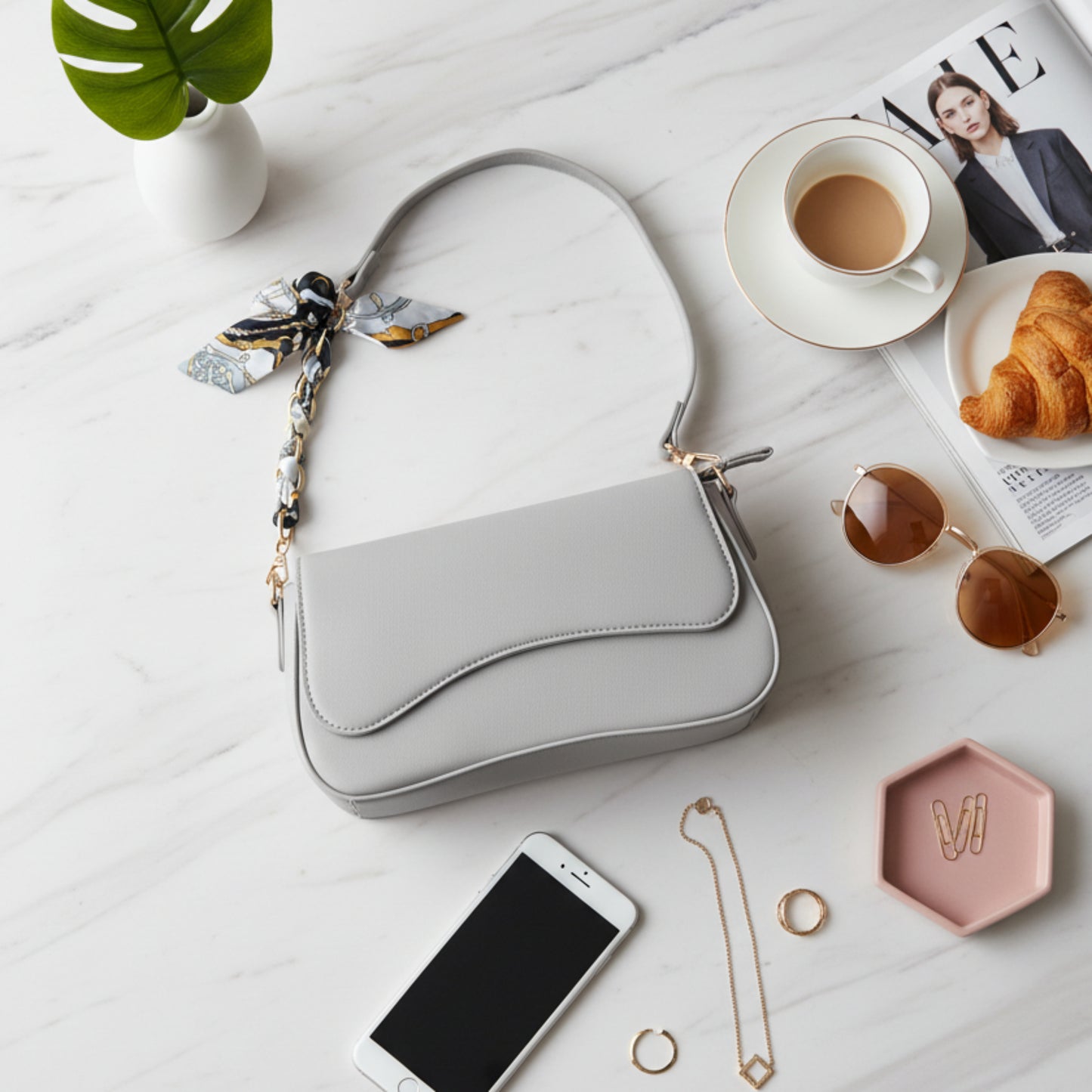 BORSA DONNA GRIGIA RIGIDA CON DOPPIA TRACOLLA E FOULARD- ECOPELLE MODA