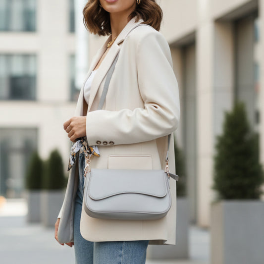 BORSA DONNA GRIGIA RIGIDA CON DOPPIA TRACOLLA E FOULARD- ECOPELLE MODA