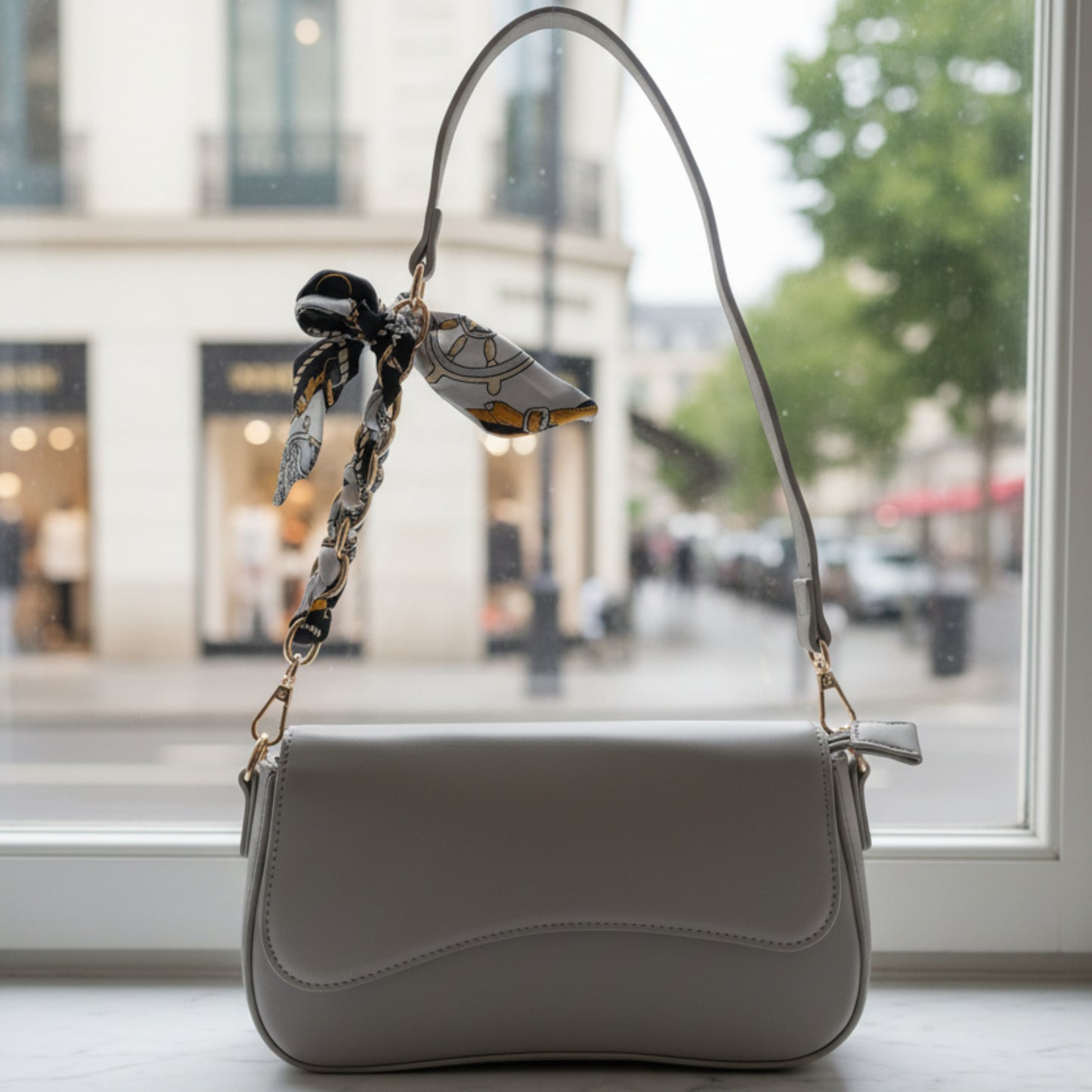 BORSA DONNA GRIGIA RIGIDA CON DOPPIA TRACOLLA E FOULARD- ECOPELLE MODA