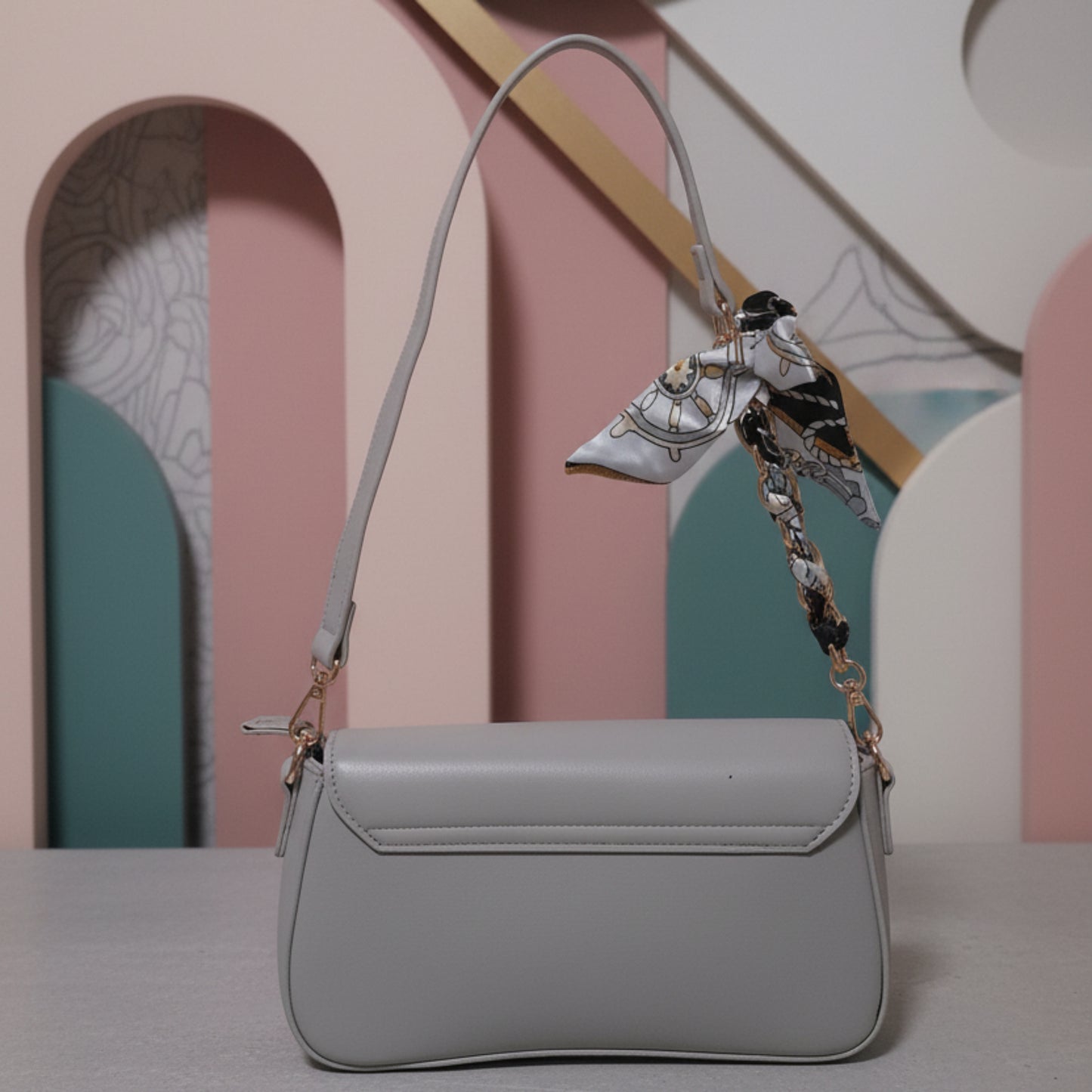 BORSA DONNA GRIGIA RIGIDA CON DOPPIA TRACOLLA E FOULARD- ECOPELLE MODA