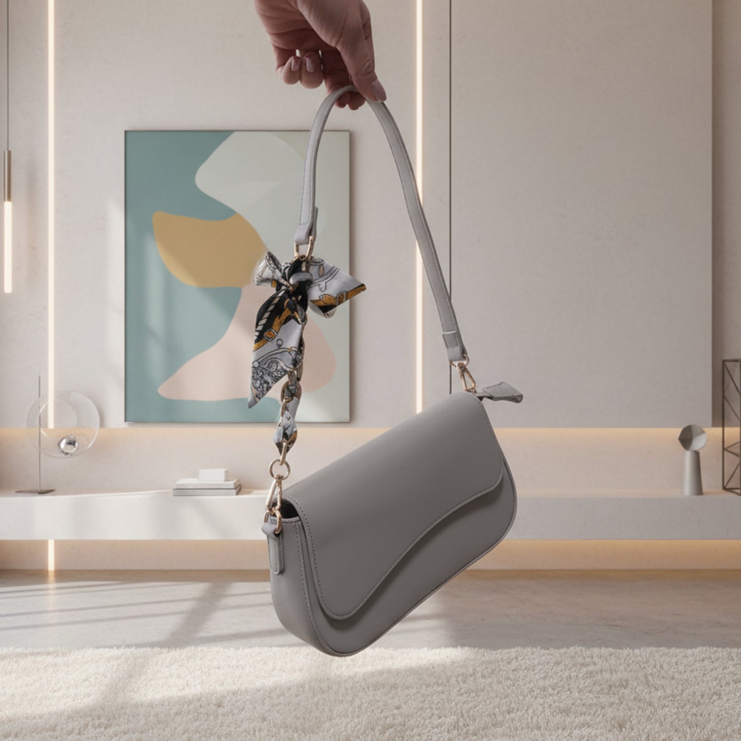 BORSA DONNA GRIGIA RIGIDA CON DOPPIA TRACOLLA E FOULARD- ECOPELLE MODA