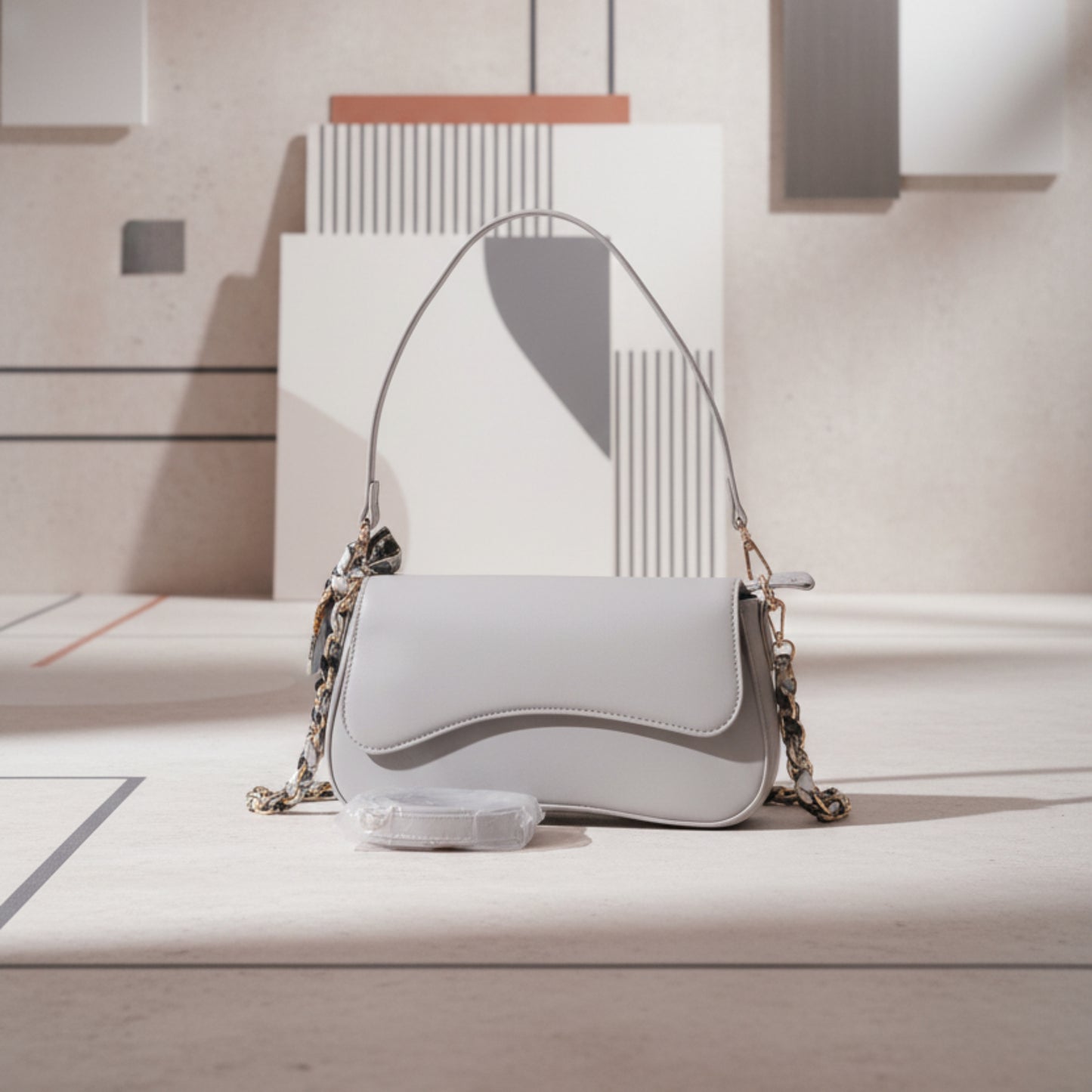 BORSA DONNA GRIGIA RIGIDA CON DOPPIA TRACOLLA E FOULARD- ECOPELLE MODA