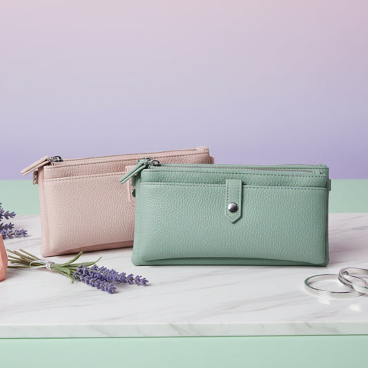 PORTAFOGLIO MINI BORSA DONNA MULTITASCHE  VERDE O ROSA CON TRACOLLA REMOVIBILE