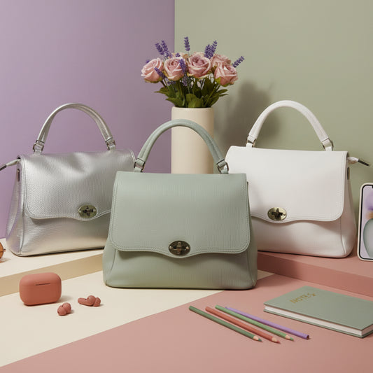 BORSA CAPIENTE A CARTELLA BIANCA/BEIGE/VERDE/AZZURRA/ARGENTO-A MANO O TRACOLLA