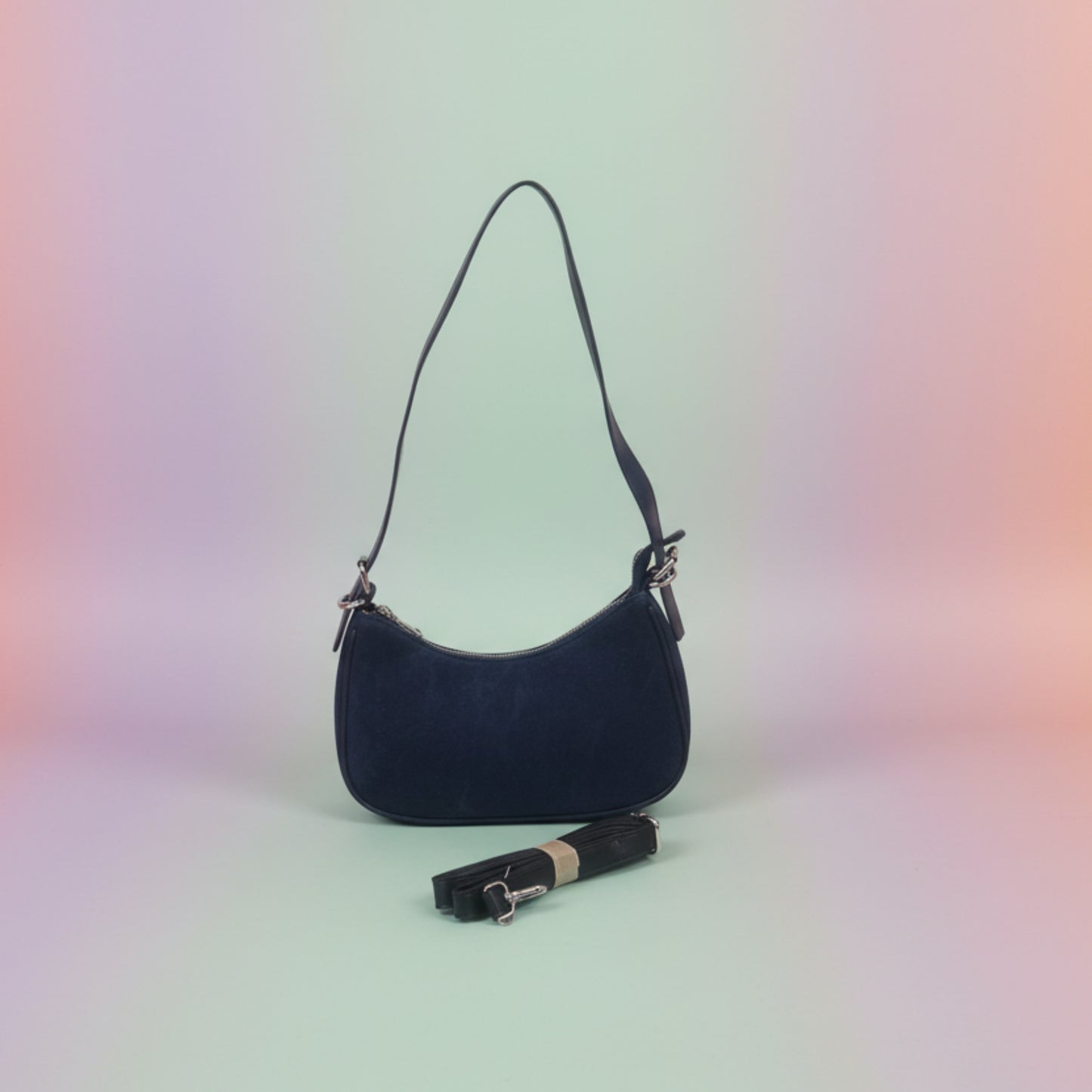 BORSA IN JEANS A MEZZALUNA CON DOPPIA TRACOLLA REMOVIBILE-TRENDY E ALLA MODA