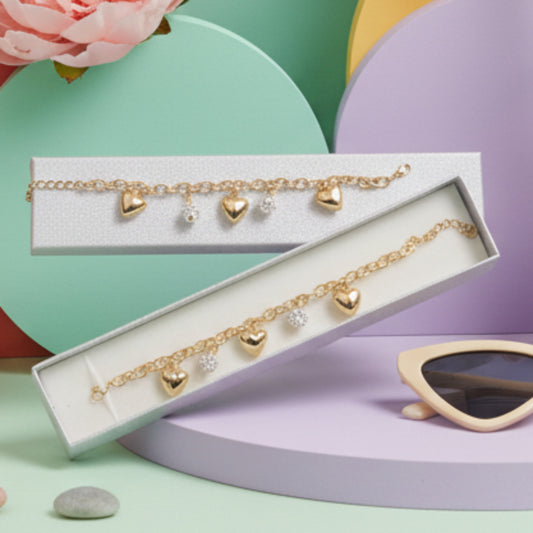 BRACCIALE ACCIAIO CON CHARM A CUORE E SFERE CON BRILLANTINI-DI TENDENZA