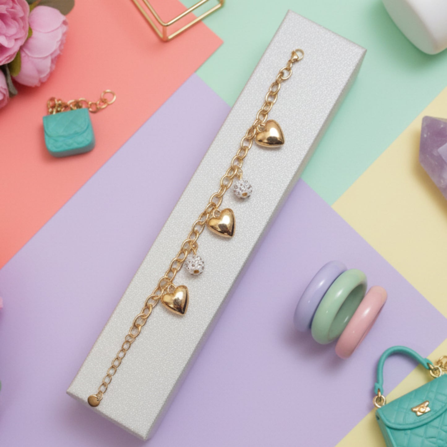 BRACCIALE ACCIAIO CON CHARM A CUORE E SFERE CON BRILLANTINI-DI TENDENZA