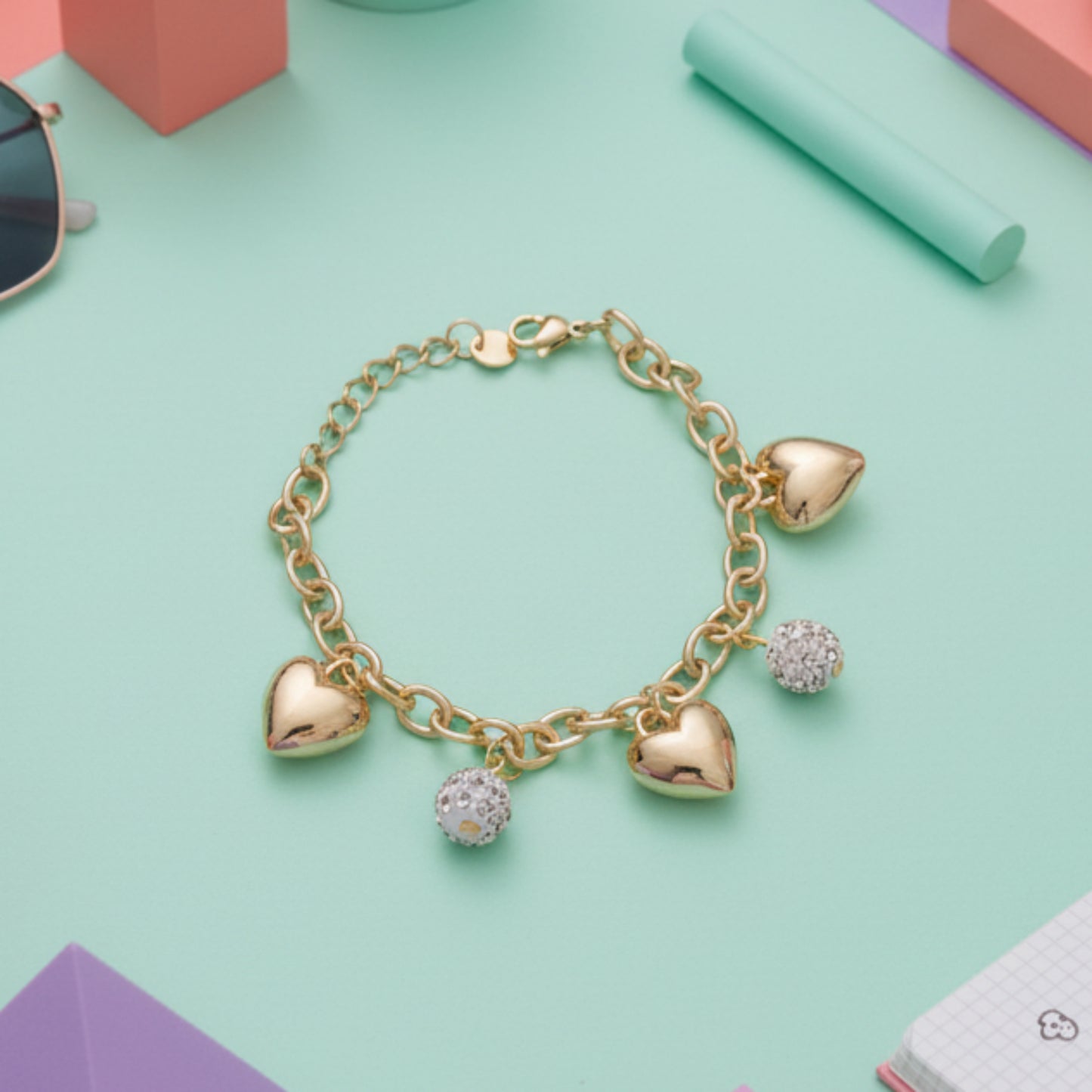 BRACCIALE ACCIAIO CON CHARM A CUORE E SFERE CON BRILLANTINI-DI TENDENZA