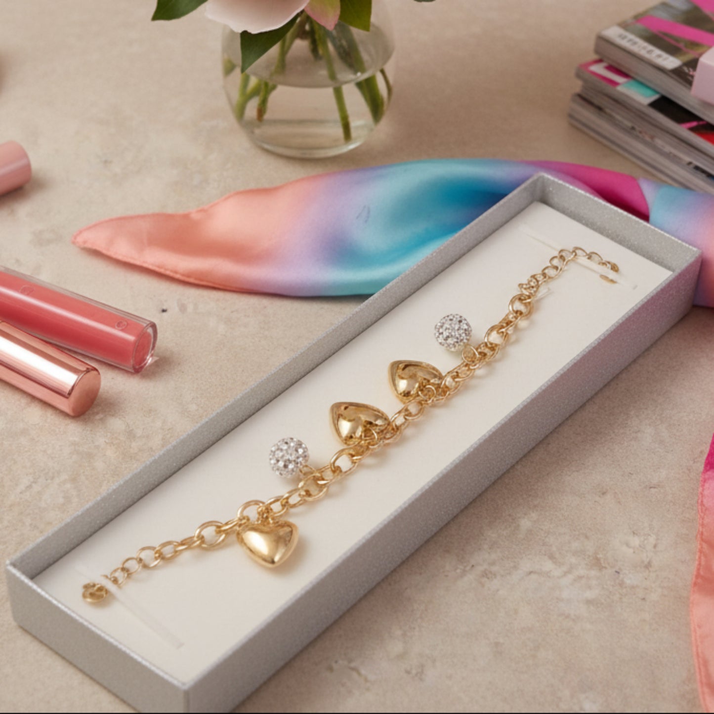 BRACCIALE ACCIAIO CON CHARM A CUORE E SFERE CON BRILLANTINI-DI TENDENZA