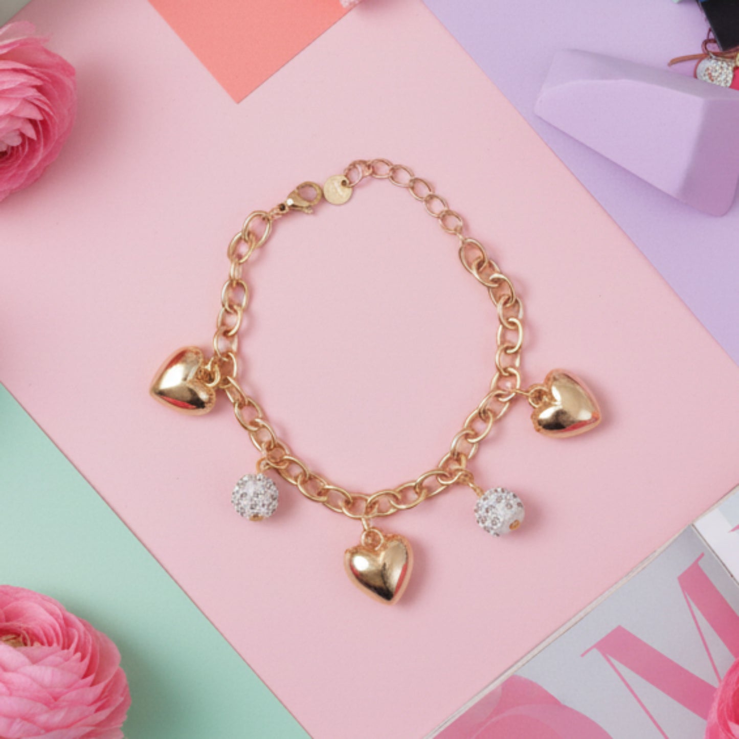 BRACCIALE ACCIAIO CON CHARM A CUORE E SFERE CON BRILLANTINI-DI TENDENZA