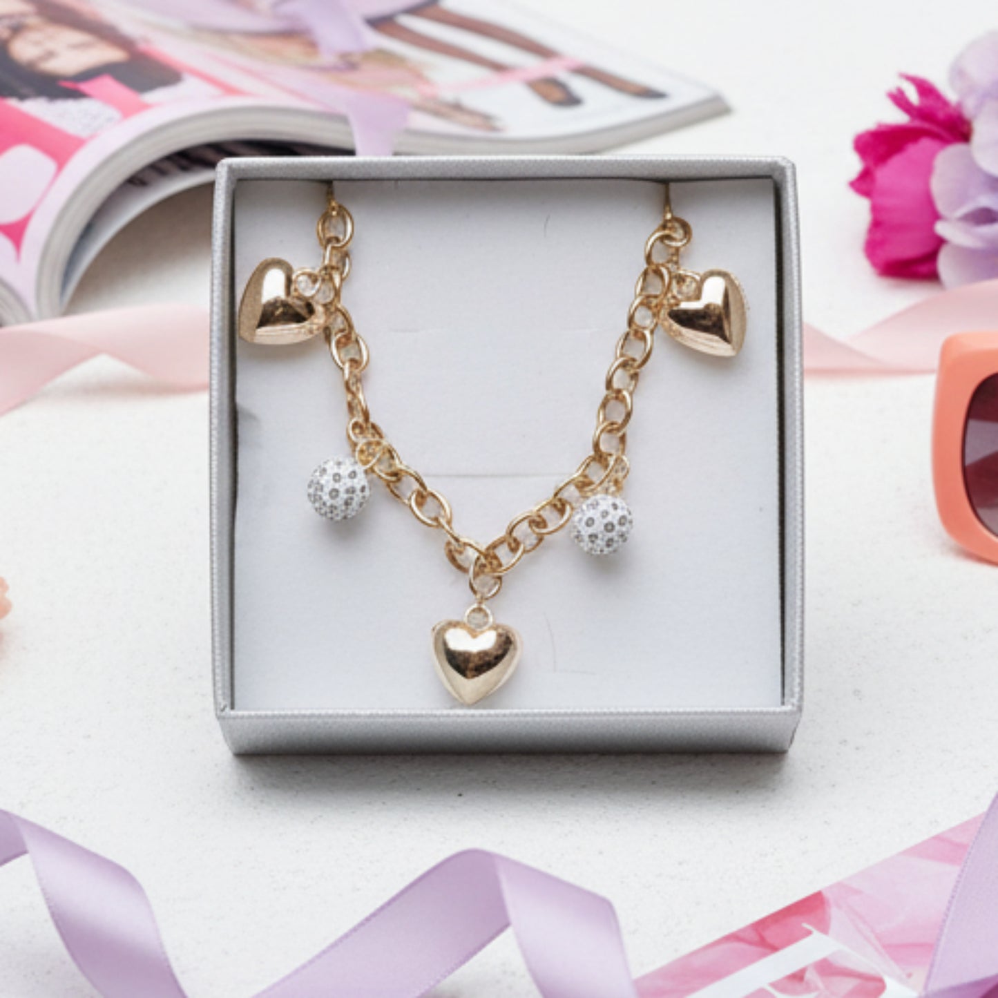 COLLANA ACCIAIO CON CHARM ACUORE E SFERE CON BRILLANTINI-DI TENDEZA
