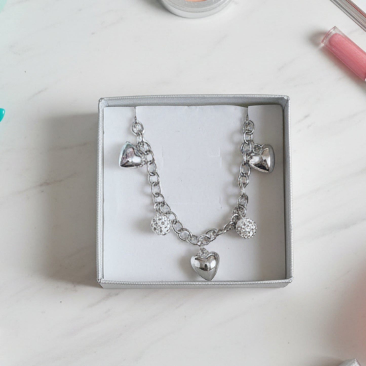 COLLANA ACCIAIO CON CHARM ACUORE E SFERE CON BRILLANTINI-DI TENDEZA