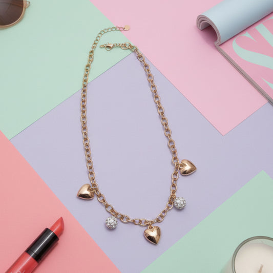 COLLANA ACCIAIO CON CHARM ACUORE E SFERE CON BRILLANTINI-DI TENDEZA