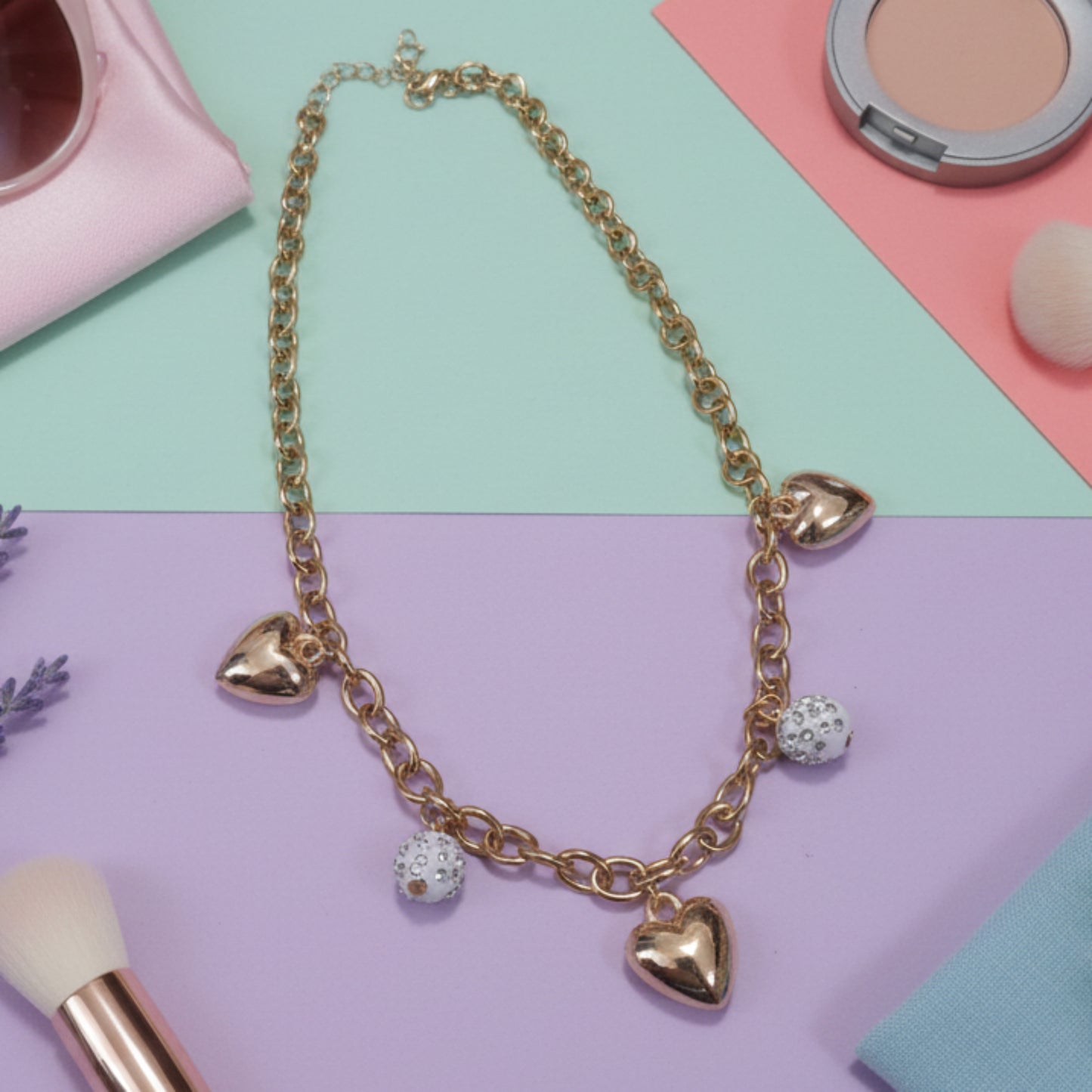 COLLANA ACCIAIO CON CHARM ACUORE E SFERE CON BRILLANTINI-DI TENDEZA