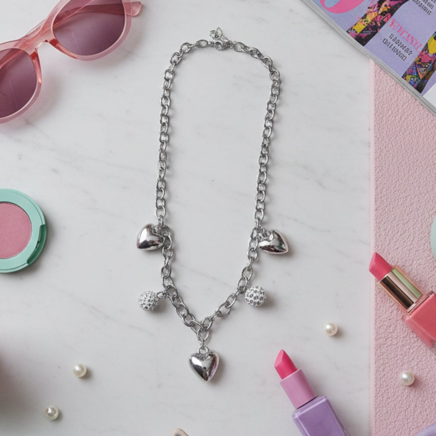 COLLANA ACCIAIO CON CHARM ACUORE E SFERE CON BRILLANTINI-DI TENDEZA
