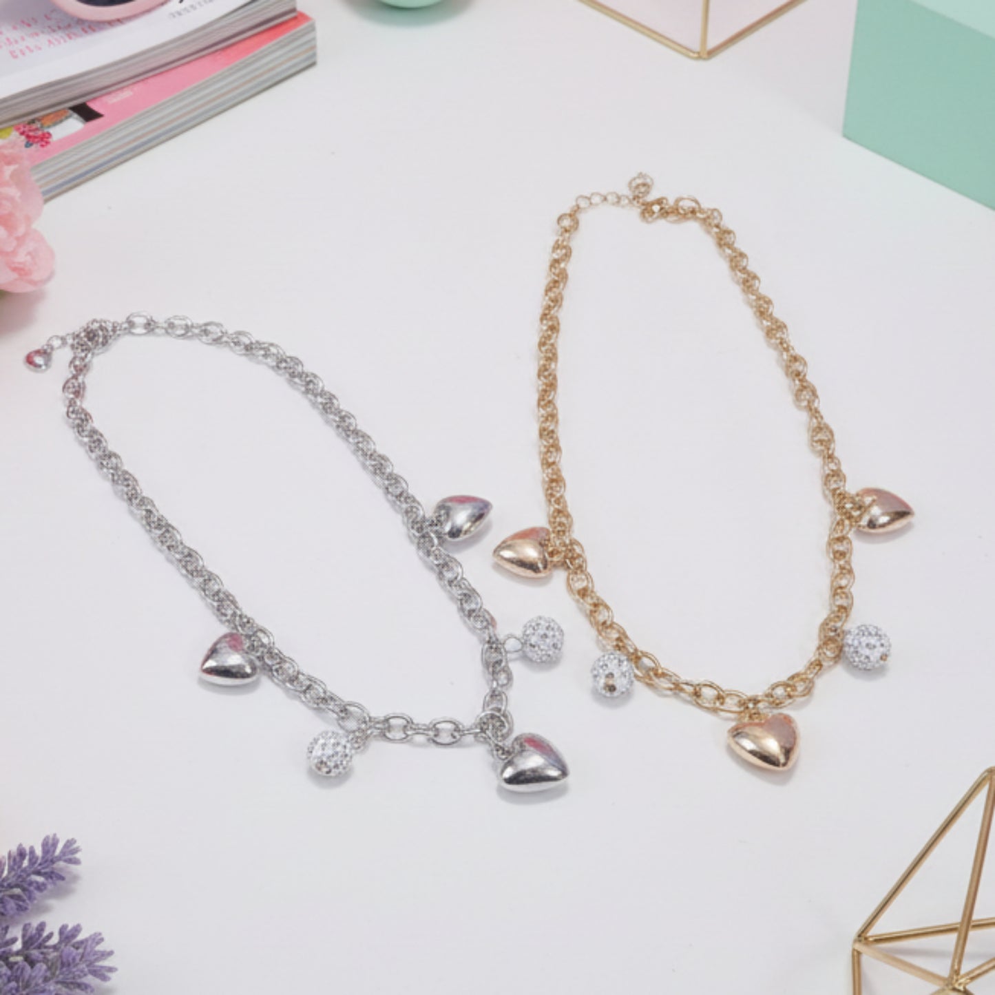 COLLANA ACCIAIO CON CHARM ACUORE E SFERE CON BRILLANTINI-DI TENDEZA