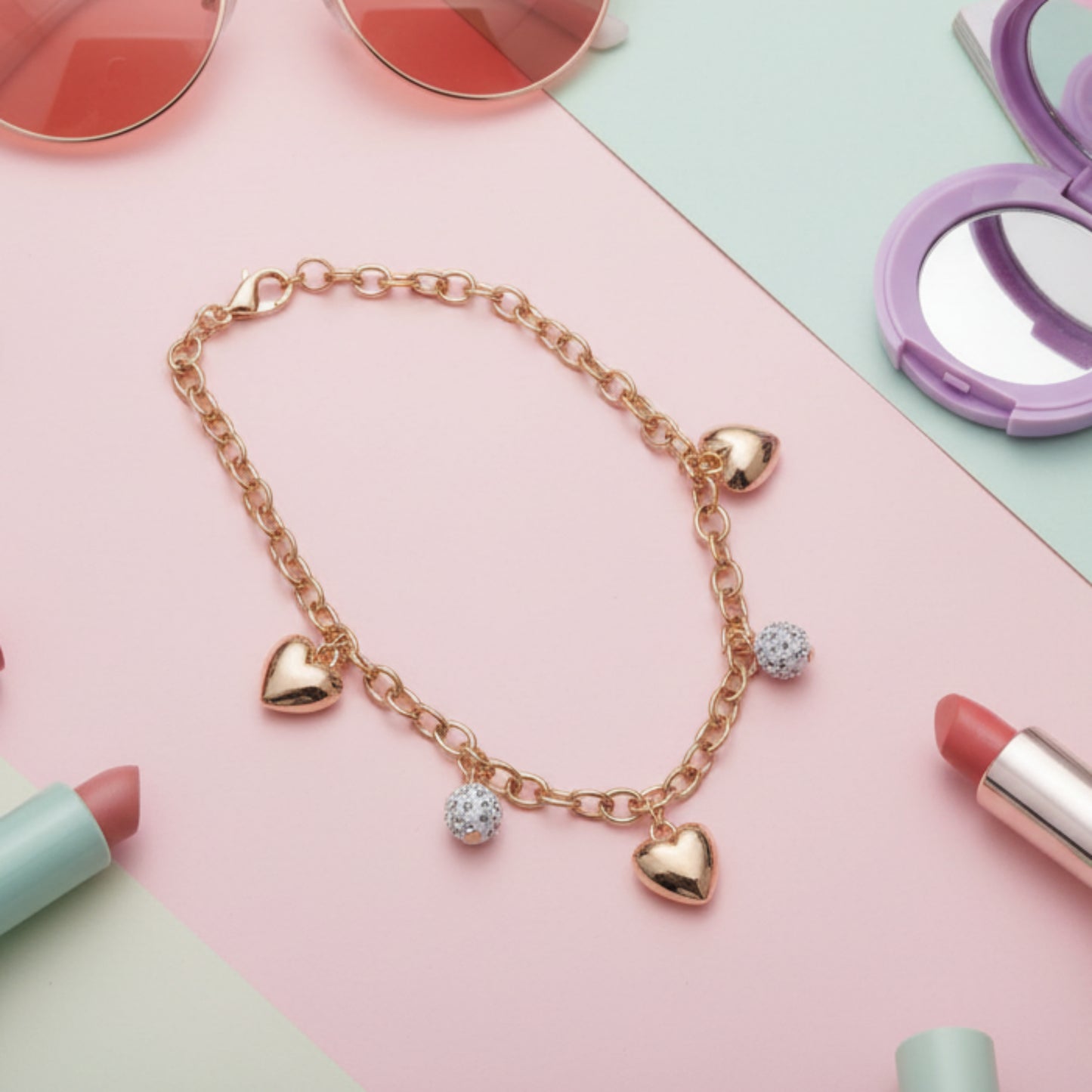 COLLANA ACCIAIO CON CHARM ACUORE E SFERE CON BRILLANTINI-DI TENDEZA