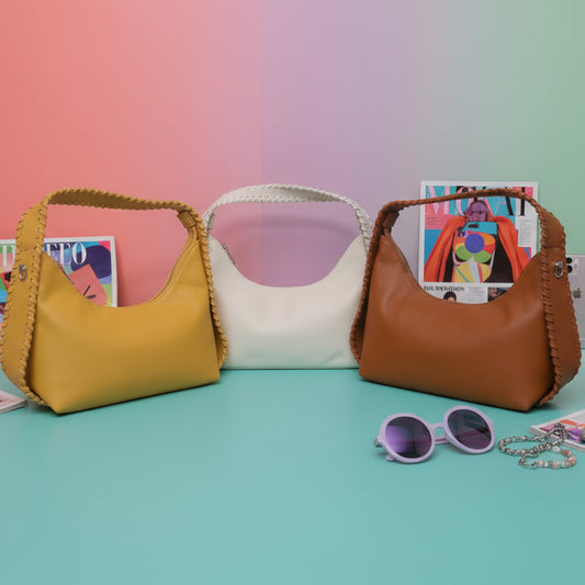 BORSA DONNA DI TENDENZA CON TRACOLLA LAVORATA-COLORI; OCRA; PANNA E CUOIO
