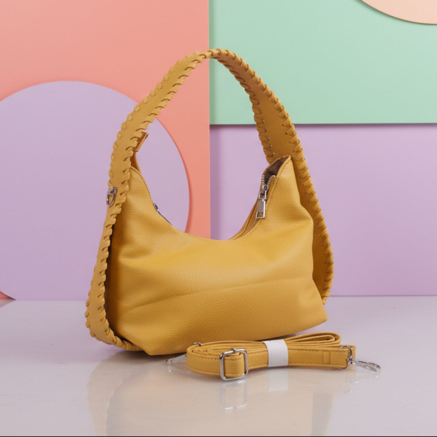 BORSA DONNA DI TENDENZA CON TRACOLLA LAVORATA-COLORI; OCRA; PANNA E CUOIO