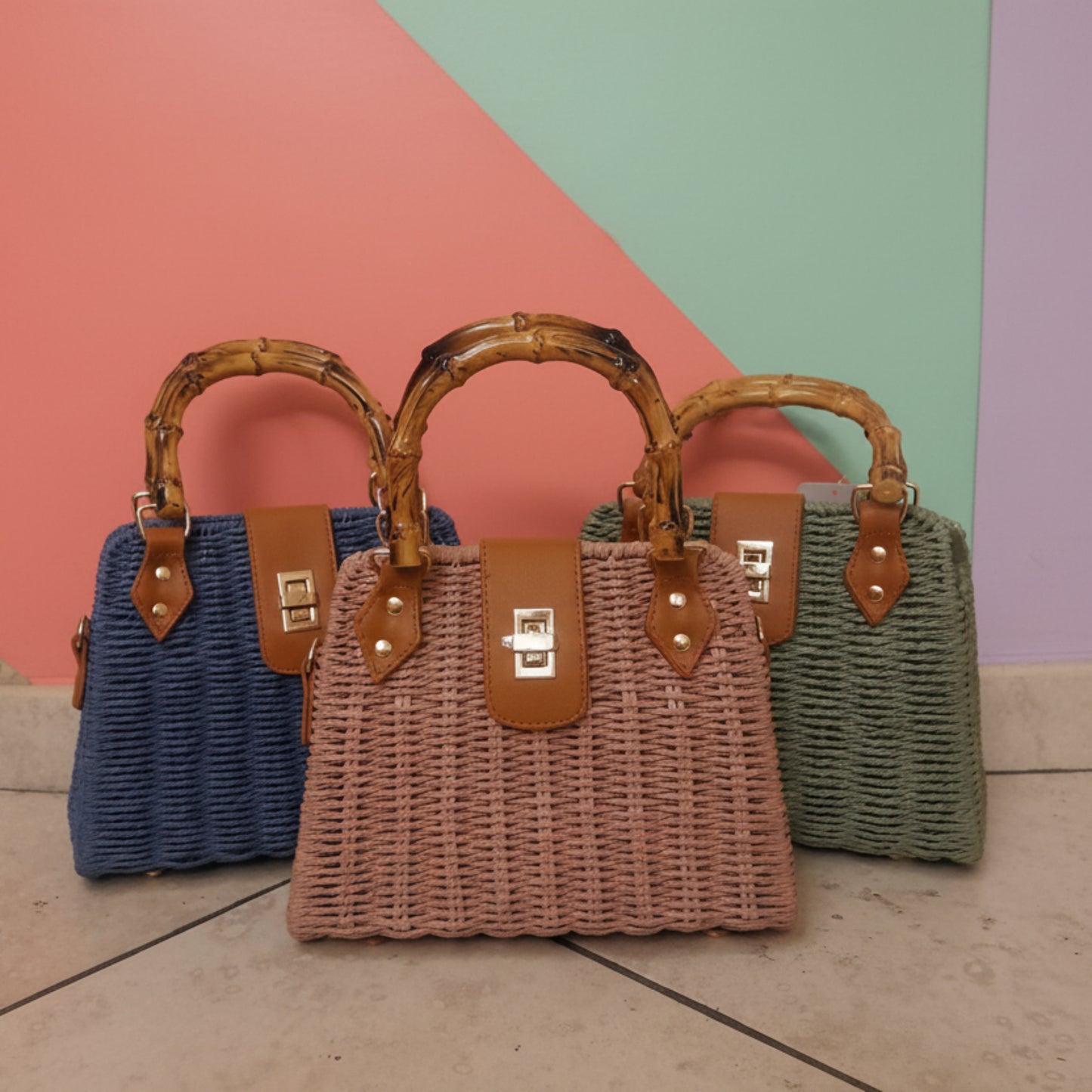BORSA MINI IN RAFIA CON CHIUSURA A ROTAZIONE - TRACOLLA REMOVIBILE BLU, ROSA, VERDE