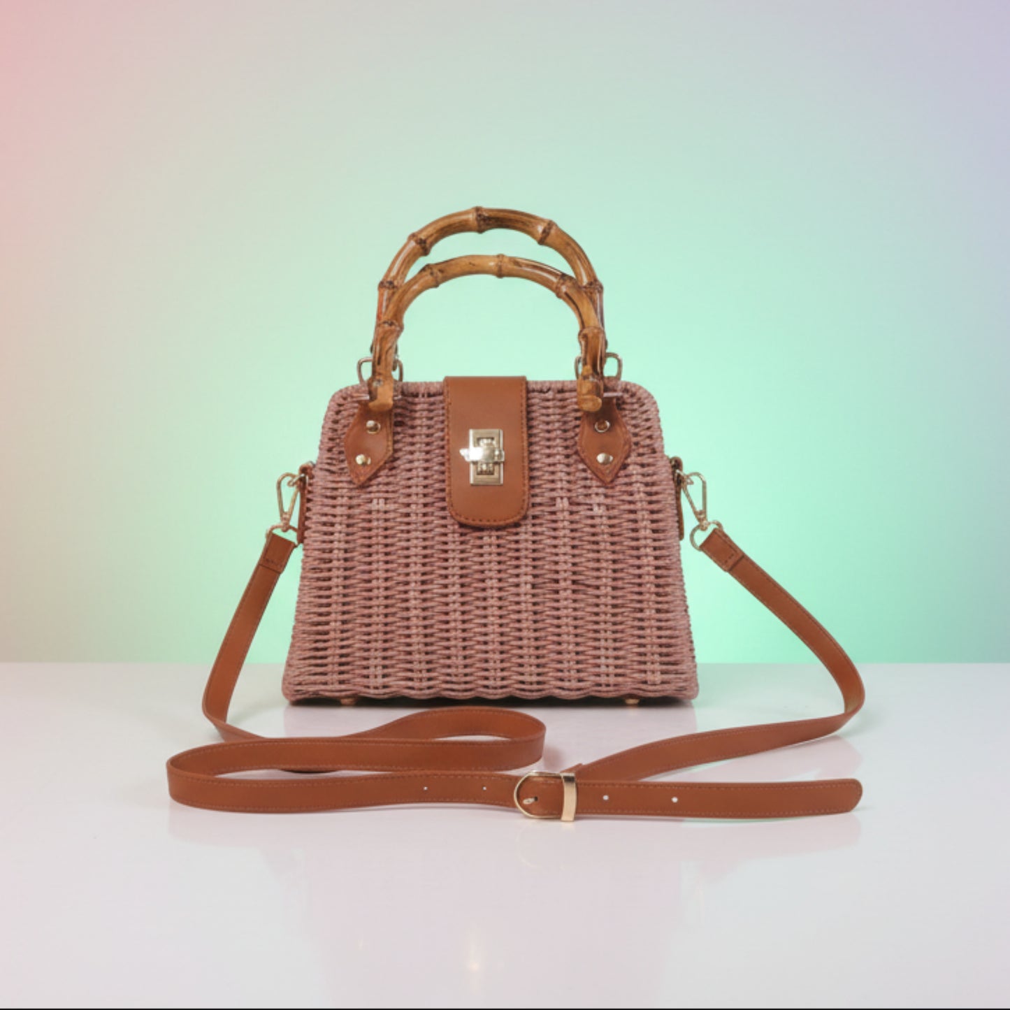 BORSA MINI IN RAFIA CON CHIUSURA A ROTAZIONE - TRACOLLA REMOVIBILE BLU, ROSA, VERDE