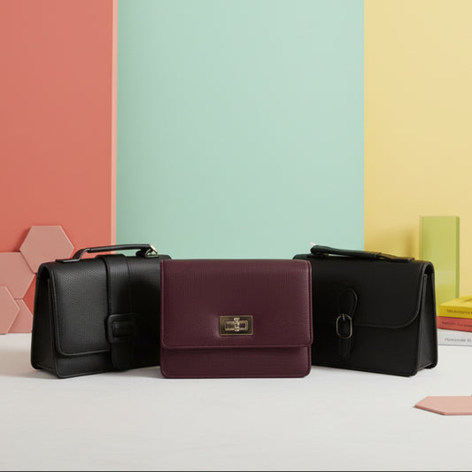 MINI BAG NERO/PRUGNA/GRIGIO ELEGANTE CON TRACOLLA REMOVIBILE E ACCESSORI
