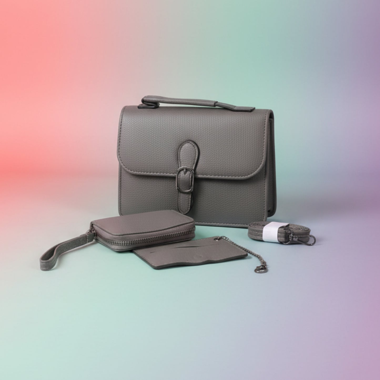 MINI BAG NERO/PRUGNA/GRIGIO ELEGANTE CON TRACOLLA REMOVIBILE E ACCESSORI