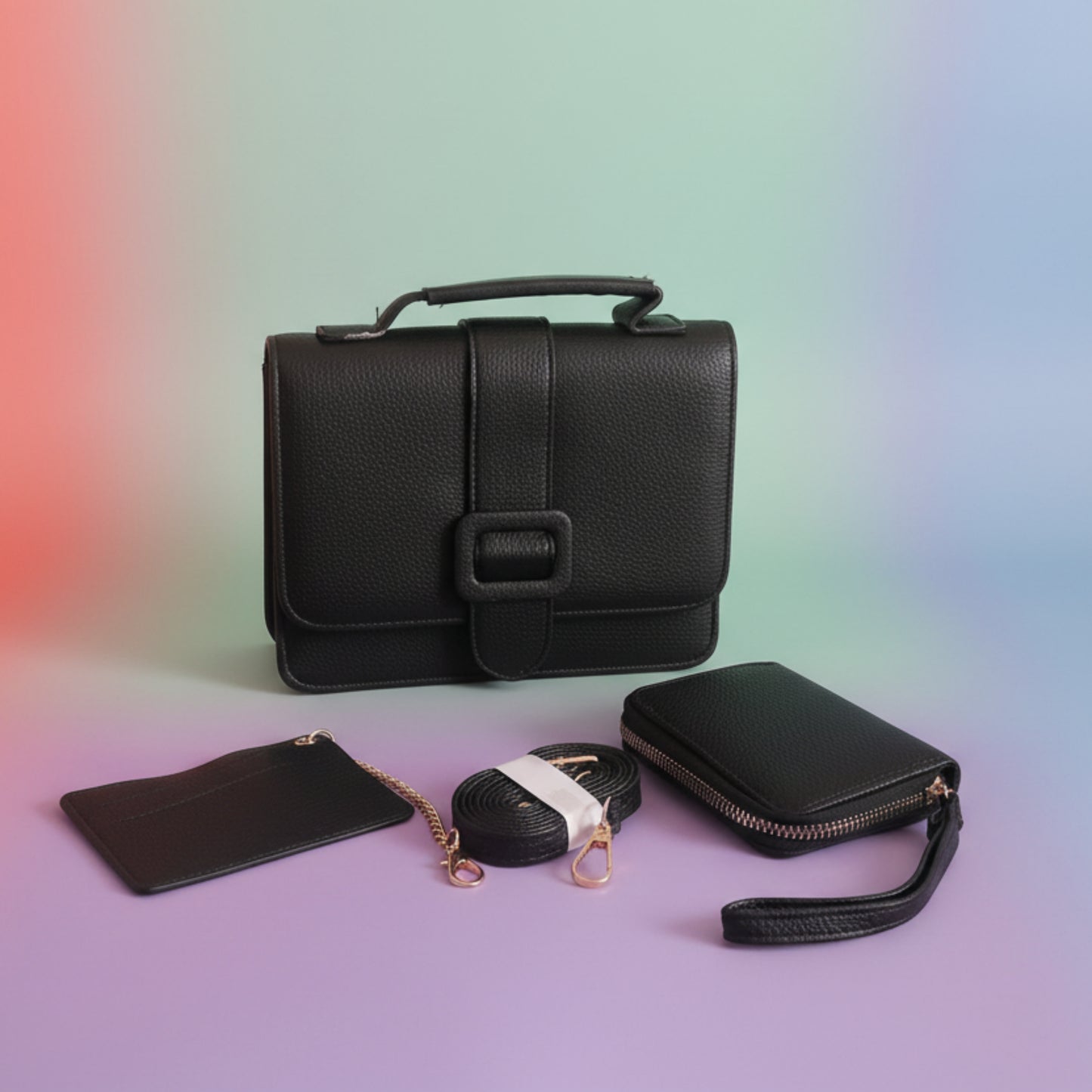 MINI BAG NERO/PRUGNA/GRIGIO ELEGANTE CON TRACOLLA REMOVIBILE E ACCESSORI