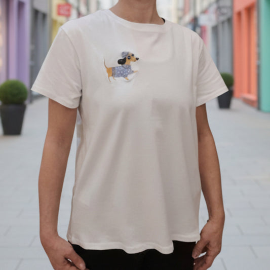 T-SHIRT BIANCA CON BASSOTTO RICAMATO - MADE IN ITALY - COTONE STRETCH