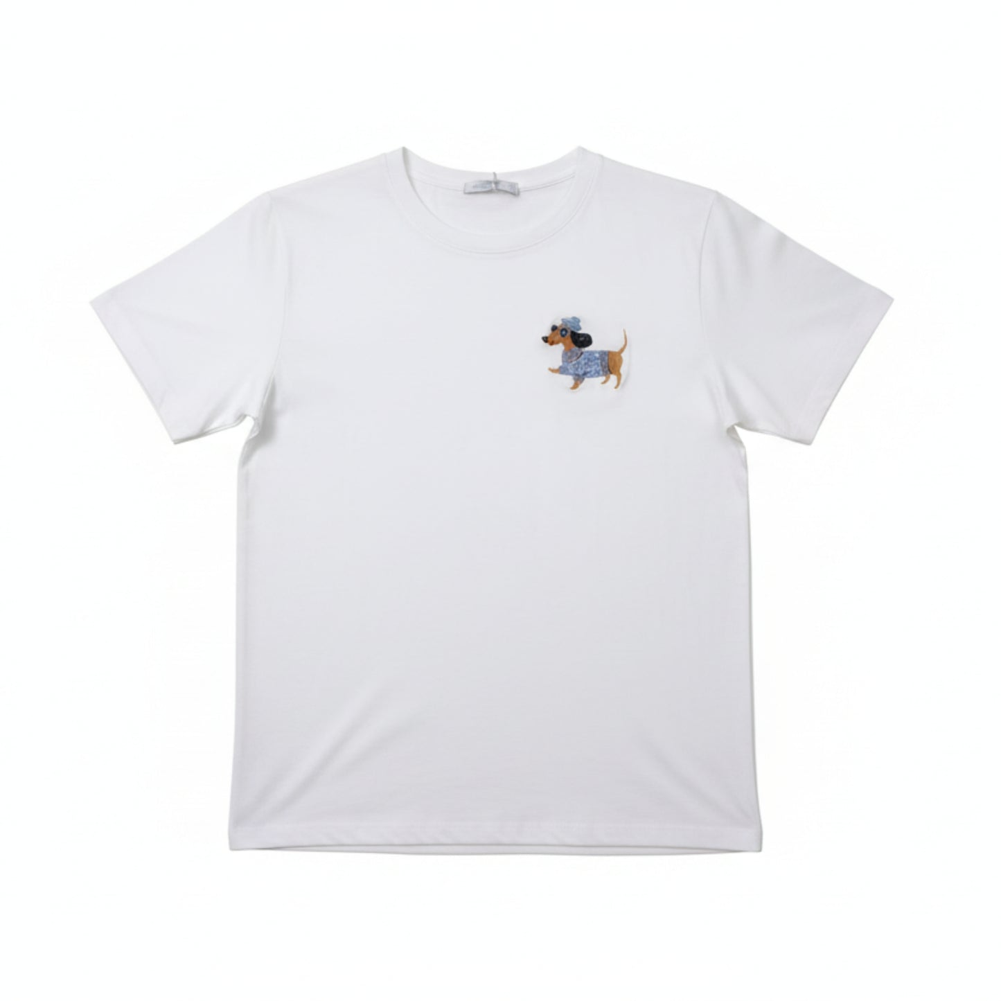T-SHIRT BIANCA CON BASSOTTO RICAMATO - MADE IN ITALY - COTONE STRETCH