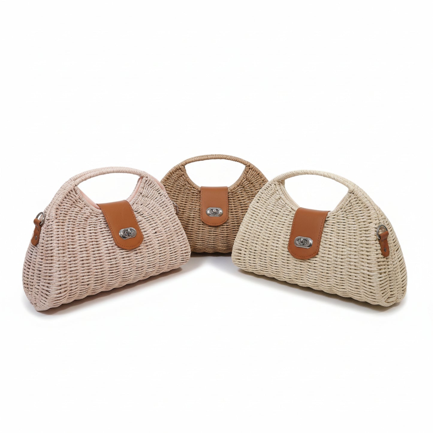 BORSA IN RAFIA A MANO E TRACOLLA REMOVIBILE - DESIGN TRENDY - BEIGE, ROSA ,CAPPUCCINO
