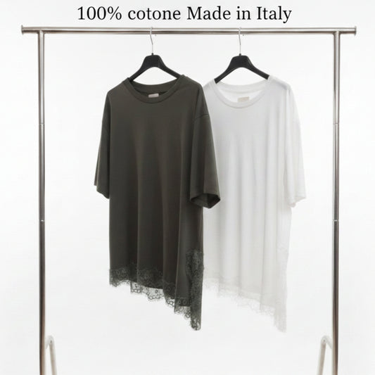 MAGLIETTA ASIMMETRICA CON PROFILO IN PIZZO - MADE IN ITALY- 100% COTONE ( S/XL)